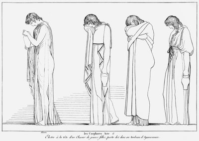 Electra and the Chorus bearing vessels for libation on the tomb of Agamemnon (illustration from 